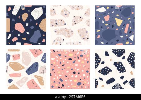 Motivo terrazzo senza cuciture. Piastrelle in pietra decorativa italiana con macchie caotiche, mosaico di granito forme testurizzate che ripetono il set di vettori campione. Illustrazione pietra di superficie, piastrella di ripetizione infinita. Motivo terrazzo senza cuciture. Piastrelle in pietra decorativa italiana con macchie caotiche, mosaico di granito forme testurizzate che ripetono il set di vettori campione Illustrazione Vettoriale