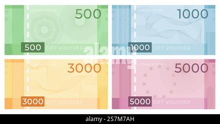 Banconota con guilloche. Certificato di sconto in design economico con motivi di filigrana. Buono regalo o set di valuta vettoriale. Modello guilloche certificato illustrativo, buono omaggio business. Banconota con guilloche. Certificato di sconto in design economico con motivi di filigrana. Set vettoriale modello di buono regalo o valuta Illustrazione Vettoriale
