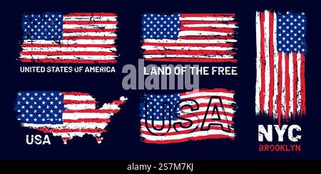 Bandiera americana grunge. Stampa in stile patriottico con bandiera e scritta US, T-shirt e poster grafica, set vettoriale texture grunge. USA flag grunge texture vintage, illustrazione united patriotic. Bandiera americana grunge. Stampa in stile patriottico con bandiera e scritta US, T-shirt e poster grafica, set vettoriale texture grunge Illustrazione Vettoriale