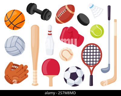 Attrezzatura sportiva. Palline da cartoni animati e articoli da gioco per hockey, rugby, baseball e racchetta da tennis. Set vettoriale di bowling, boxe e golf flat icons. Illustrazione di un pallone ricreativo per il calcio e il tennis. Attrezzatura sportiva. Palline da cartoni animati e articoli da gioco per hockey, rugby, baseball e racchetta da tennis. Set vettoriale di bowling, boxe e golf flat icons Illustrazione Vettoriale