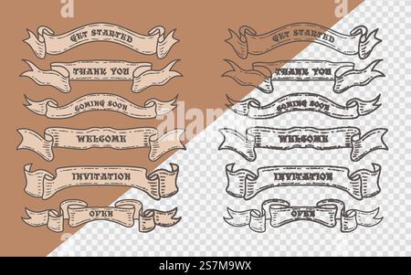 Set di vecchio nastro vintage striscioni e disegno in stile di incisione Illustrazione Vettoriale