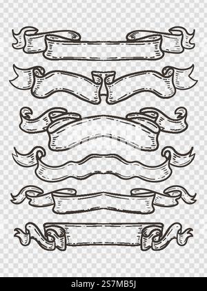 Set di vecchio nastro vintage striscioni e disegno in stile di incisione Illustrazione Vettoriale