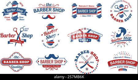 Distintivi per il barbiere. Etichetta da barbiere vintage, badge da salone di rasatura rétro e vecchio cartello da taglio gentiluomo. Barbieri baffi hipster o logotipo barba, tatuaggio da barbiere. Set di simboli isolati per l'illustrazione vettoriale. Distintivi per il barbiere. Etichetta da barbiere vintage, badge da salone di rasatura rétro e set illustrativo con vecchio segno di taglio da gentiluomo Illustrazione Vettoriale