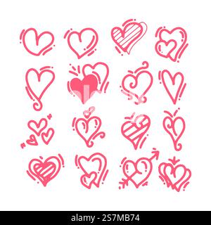 Cuori disegnati a mano. elementi a forma di cuore verniciati per biglietti d'auguri giornalieri valentini. set di icone rosse cuori d'amore doodle. collezione su simboli romantici su sfondo bianco Illustrazione Vettoriale