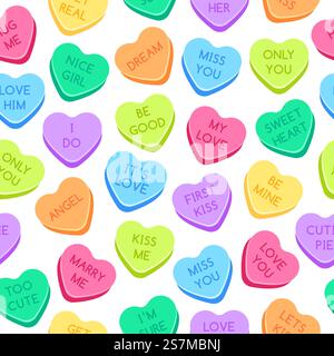 Dolce caramelle a cuore. Cuori colorati di Valentine, caramelle d'amore e caramelle dolci dolci dolci. Baciami o sposami caramelle, confezione regalo romantica o biglietto di auguri, illustrazione vettoriale senza cuciture. Dolce caramelle a cuore. Cuori valentini colorati, caramelle di conversazione e caramelle dolci dolci senza cuciture illustrazione vettoriale Illustrazione Vettoriale