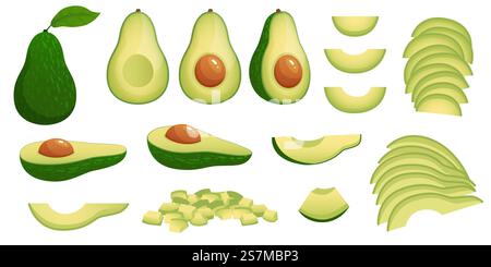 Avocado cartoni animati. Frutti di avocado maturi, cibo naturale sano e nutriente e fette di avocado set illustrativo vettoriale. Avocado verde, nutrizione sana tropicale, cibo salutare esotico. Avocado cartoni animati. Frutti di avocado maturi, cibo naturale sano e nutriente e fette di avocado set illustrativo vettoriale Illustrazione Vettoriale