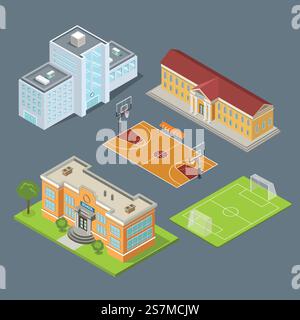 Set isometrico piatto di edifici scolastici, campo di pallacanestro e stadio di calcio illustrazione vettoriale. Strutture educative municipali. Infografica sull'architettura urbana moderna sul concetto di isometria 3D. Illustrazione Vettoriale