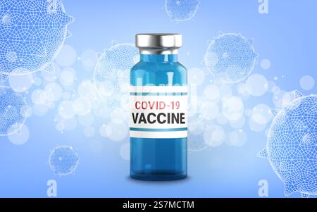 Fiale di vetro 3d realistiche con medicina, iniezione di vaccino. infezione da corona virus Illustrazione Vettoriale