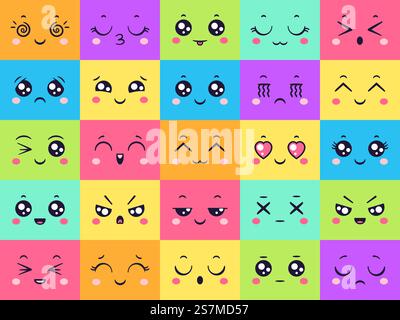 Simpatici volti colorati, emoticon emoticon. Divertente sorriso felice, espressione emoticon, viso comico sorridente, emoji allegri, illustrazione vettoriale. Simpatici volti colorati, set emoticon Illustrazione Vettoriale