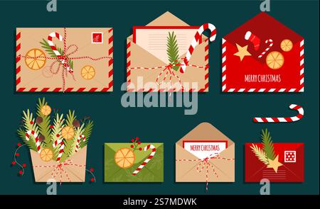 Buste di Natale. Lettere dell'anno nuovo. Una serie di buoni regalo, buste postali, aperte e chiuse con dolci, rami di alberi di Natale e giocattoli. Stock vettoriale. Buste di Natale. Lettere dell'anno nuovo. Una serie di buoni regalo, buste postali, aperte e chiuse con dolci, rami di alberi di Natale e giocattoli. Illustrazione Vettoriale
