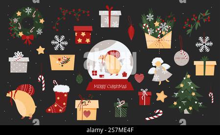 Albero di Natale, corona di Capodanno, palla di vetro, regali, busta, fiocco di neve e orso. Elementi natalizi per il design isolati. Articoli per l'anno nuovo su sfondo scuro.. Albero di Natale, corona di Capodanno, palla di vetro, regali, busta, fiocco di neve e orso. Elementi natalizi isolati per il design natalizio. Articoli dell'anno nuovo su sfondo scuro in stile vettoriale piatto disegnato a mano. Illustrazione Vettoriale