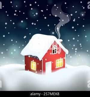 Residenza svedese in legno rosso con tetto innevato in inverno, accogliente casa coperta di neve prima della notte di natale, illustrazione vettoriale. Residenza svedese in legno rosso con tetto innevato in inverno, accogliente casa coperta di neve prima della notte di natale, illustrazione vettoriale. Illustrazione Vettoriale