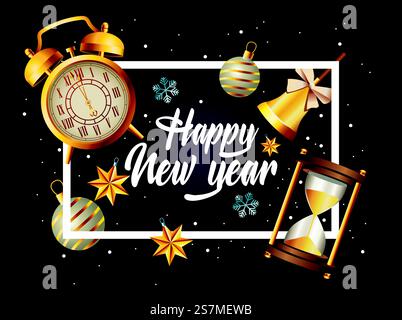buon anno con le icone del set da festa in un disegno vettoriale a cornice quadrata. buon anno con le icone del set da festa in cornice quadrata Illustrazione Vettoriale