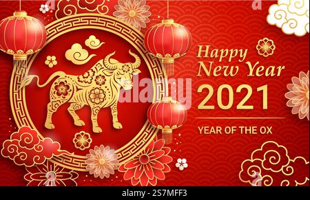 Capodanno cinese 2021 biglietto di auguri sfondo l'anno del bue. Illustrazioni vettoriali. Illustrazione Vettoriale