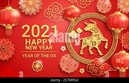 Capodanno cinese 2021 biglietto di auguri sfondo l'anno del bue. Illustrazioni vettoriali. Illustrazione Vettoriale
