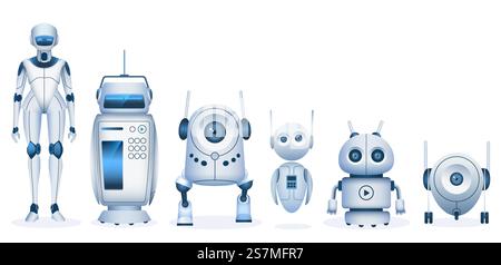 Robot cartoni animati. Droidi futuristici e macchine con tecnologia di intelligenza artificiale. Robot giocattolo realistici per bambini e set di vettori androidi. Illustrazione di robot futuristici, cartoon android meccanico. Robot cartoni animati. Droidi futuristici e macchine con tecnologia di intelligenza artificiale. Robot giocattolo realistici per bambini e carino set di vettori androidi Illustrazione Vettoriale