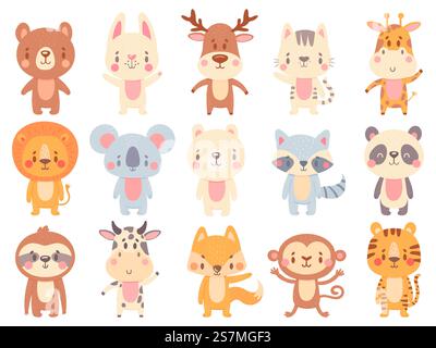 Carini cartoni animati. Giraffa ondulata, mucca da fattoria divertente e mascotte di orso felice. Set di illustrazioni vettoriali per animali dello zoo della giungla e cuccioli sorridenti. Animali selvatici, leone e gatto, volpe e procione. Carini cartoni animati. Giraffa ondulata, mucca da fattoria divertente e mascotte di orso felice. Set di illustrazioni vettoriali per animali dello zoo della giungla e cuccioli sorridenti Illustrazione Vettoriale