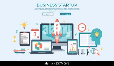 Modello e icone DI infografica PER STARTUP AZIENDALI flat immagine eroe del sito Web illustrazione vettoriale. Concetto aziendale di successo. Illustrazione Vettoriale