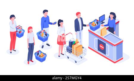 Acquisti di supermercati isometrici. Acquirenti in coda in attesa, acquirenti acquistano e registrano cassa del punto vendita. Fare acquisti insieme, fare acquisti al dettaglio, fare acquisti con i dipendenti o fare acquisti tramite vettoriale. Acquisti di supermercati isometrici. Immagine vettoriale del registratore di cassa del punto vendita e degli acquirenti in attesa, degli acquisti e degli acquisti Illustrazione Vettoriale