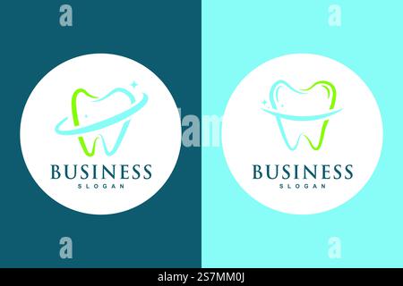 Moderno design astratto con logo per un'attività odontoiatrica con denti stilizzati in un'orbita circolare. Illustrazione Vettoriale