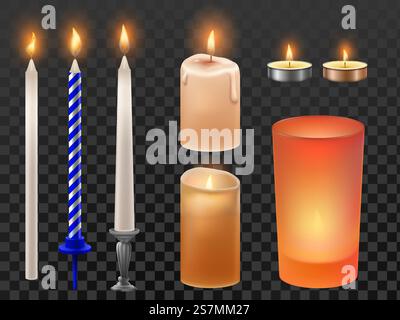 Candela realistica. Le vacanze di Natale o le candele di compleanno, la cera fiammeggiante e la fiamma romantica. A lume di candela per decorazioni natalizie, matrimoni o cerimonie religiose. Set di icone vettoriali isolate. Candela realistica. Le vacanze di Natale o le candele di compleanno, la cera fiammeggiante e la fiamma romantica. Set vettoriale isolato a lume di candela Illustrazione Vettoriale