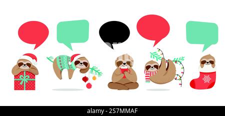 Simpatici bradipi, divertenti illustrazioni natalizie con costumi di Babbo Natale, cappello e sciarpe, set di biglietti d'auguri - banner vettoriale stock. Simpatici bradipi, divertenti illustrazioni natalizie con costumi di Babbo Natale, cappello e sciarpe, set di biglietti d'auguri, striscione Illustrazione Vettoriale