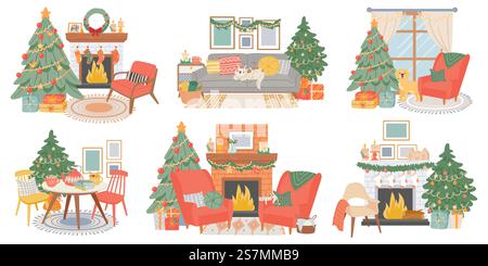 Interni natalizi. Camera arredata per Capodanno con pino, caminetto, comode sedie, gatto e cane. Set vettoriale per l'atmosfera delle vacanze invernali a casa. Illustrazione interna del caminetto, in stile tradizionale. Interni natalizi. Camera arredata per Capodanno con pino, caminetto, comode sedie, gatto e cane. Set vettoriale per l'atmosfera delle vacanze invernali a casa Illustrazione Vettoriale