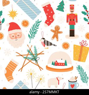 Motivo natalizio senza cuciture. Buone vacanze invernali e felice anno nuovo con regali, pan di zenzero, babbo natale, schiaccianoci e giocattoli sull'albero, stampa vettoriale, allegria invernale senza cuciture decorazione natalizia. Motivo natalizio senza cuciture. Buone vacanze invernali e felice anno nuovo con regali, pan di zenzero, babbo natale, schiaccianoci e giocattoli sull'albero, stampa vettoriale Illustrazione Vettoriale