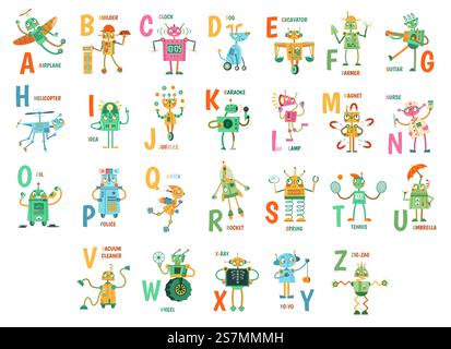 Alfabeto dei robot dei cartoni animati. Simpatici personaggi robot, lettere ABC per bambini e poster didattico con mascotte di amici robotici set di illustrazioni vettoriali. Androidi carini e parole inglesi scritte alfabeticamente... Alfabeto dei robot dei cartoni animati. Simpatici personaggi robot, lettere ABC per bambini e poster didattico con mascotte di amici robotici set di illustrazioni vettoriali Illustrazione Vettoriale