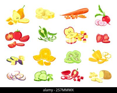 Frutta e verdura a fette. Cibo vegetariano cartoni animati tagliato fette, anelli e pezzi. Frutta tagliata a metà di arancia, mela e banana. Illustrazione di verdure e frutta banana melanzane. Frutta e verdura a fette. Cibo vegetariano cartoni animati tagliato fette, anelli e pezzi. Frutta tagliata a metà di arancia, mela e banana Illustrazione Vettoriale
