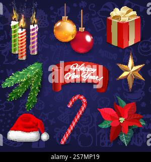 Decorazioni natalizie per le festività di Capodanno icone realistiche set di immagini vettoriali isolate. Fuoco sulle candele. Stella di Natale e regalo. Fiore di istletoe. Cappello di Babbo Natale. Ramo dell'albero di Natale e giocattoli. Canna al caramello. Sfondo blu scuro. Decorazioni natalizie per le festività di Capodanno icone realistiche che creano immagini vettoriali. Sfondo con megaset di spaghetti natalizi Illustrazione Vettoriale