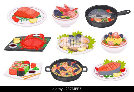 Piatti a base di pesce a base di cartoni animati con pesce, polpo, gamberetti e bistecca di salmone. Sushi, granchio, insalata, zuppa e spaghetti con frutti di mare sul piatto, set vettoriale. Pasto delizioso con ingredienti marini Illustrazione Vettoriale
