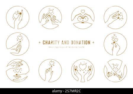 Gesti vettoriali delle mani e impugnature set di modelli di logo. Loghi di beneficenza e donazione in stile lineare. Elementi di design per San Valentino. Illustrazione Vettoriale