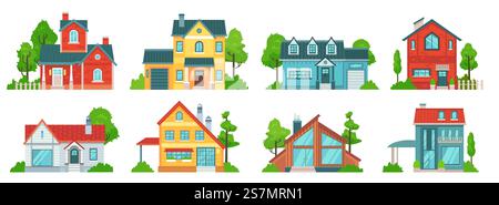 Casa di periferia. Facciate immobiliari, case di vacanza e case di campagna con set di tetti vettoriali. Pacchetto di edifici abitabili a due piani. Ville o residenze di architettura classica e contemporanea. Casa di periferia. Facciate immobiliari, case di vacanza e case di campagna con set di tetti vettoriali Illustrazione Vettoriale