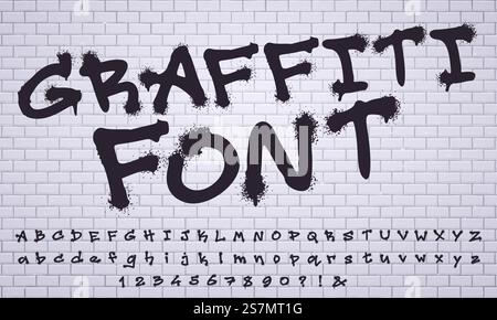 Font graffiti spray. Cartellonistica murale della Street art cittadina, numeri e lettere di graffiti sporchi. Alfabeto grunge, graffiti di Street art spruzzati con lettere abc. Set di simboli vettoriali isolati. Font graffiti spray. City Street art tagging scritte, numeri di graffiti sporchi e set di lettere vettoriali Illustrazione Vettoriale