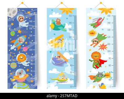 Tabella altezza bambini. Righello da parete per bambini con animali astronauti nello spazio, piloti in cielo e supereroi, set di vettori di misurazione adesivi. Misurazione della crescita a scuola o all'asilo. Tabella altezza bambini. Righello da parete per bambini con animali astronauti nello spazio, piloti in cielo e supereroi, set di vettori di misurazione adesivi Illustrazione Vettoriale