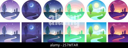 Icone dell'ora orizzontale. Set di vettori di icone quadrate e circolari diurne Sky e Field. Paesaggio notte e giorno, luna e sole, ora giorno mattina illustrazione diversa. Icone dell'ora orizzontale. Set di vettori di icone quadrate e circolari diurne Sky e Field Illustrazione Vettoriale