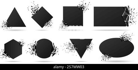 Telaio esploso con particelle spray. Distruzione delle esplosioni, forme geometriche distrutte e banner vettoriali di energia di distruzione. Oggetti neri con bordi interrotti elementi di design astratti isolati. Telaio esploso con particelle spray. Distruzione delle esplosioni, forme geometriche distrutte e banner vettoriali di energia di distruzione Illustrazione Vettoriale