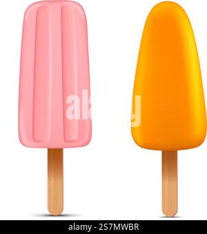 Set di palline ghiacciate fatte in casa, icona realistica del gelato succoso. vettore. Set di luccicanti e realistici gelati fatti in casa, icona vettoriale del gelato succoso Illustrazione Vettoriale