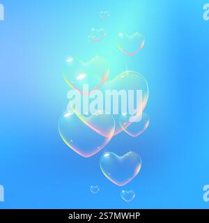 Splendido sfondo blu con bolle di sapone a forma di cuore color arcobaleno. Vettore. Splendido sfondo blu con bolle di sapone a forma di cuore color arcobaleno. Illustrazione vettoriale Illustrazione Vettoriale
