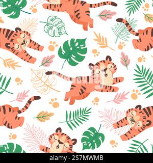 Cucciolo di tigre senza cuciture. Carini tigri, zampe e foglie tropicali. Animale della giungla, gatti selvatici, carta da parati vettoriale per bambini. Sfondo con tigre, illustrazione di fondo per bambini. Cucciolo di tigre senza cuciture. Simpatici tigri dei cartoni animati infantili, impronte di zampe e foglie tropicali. Animale della giungla, gatti selvatici, carta da parati vettoriale per bambini Illustrazione Vettoriale