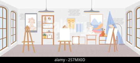Laboratorio d'artista o interno di studio d'arte con cavalletti. Sala di verniciatura con tele e strumenti di disegno, pitture e pennelli scenografie vettoriali. Illustrazione di arte di officina, studio in classe. Laboratorio d'artista o interno di studio d'arte con cavalletti. Sala di verniciatura con tele e strumenti di disegno, pitture e pennelli scenografie vettoriali Illustrazione Vettoriale