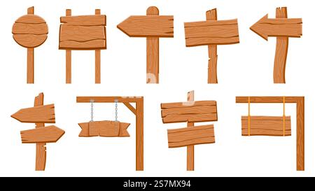 Cartelli in legno. Tavole di legno vuote rotonde e frecce. Cartoni animati puntano sulla vecchia strada rustica. Set di vettori signpost testurizzati. Illustrazione tavola di legno vuota, insegna di legno. Cartelli in legno. Tavole di legno vuote rotonde e frecce. Cartoni animati puntano sulla vecchia strada rustica. Set di vettori signpost testurizzati Illustrazione Vettoriale