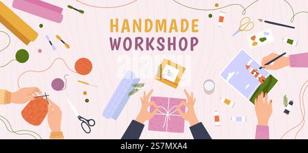 Laboratorio creativo di artigianato. Vista sulla scrivania con possibilità di lavorare a mano su hobby, maglieria, articoli da regalo fai da te e pittura. Banner vettoriale classe Artigianato. Presentazione di regali, lezioni creative e lezioni. Laboratorio creativo di artigianato. Vista sulla scrivania con possibilità di lavorare a mano su hobby, maglieria, articoli da regalo fai da te e pittura. Banner vettoriale classe Artigianato Illustrazione Vettoriale