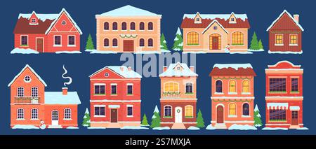 Case di Natale. Edifici con ciaspole decorati per le vacanze invernali con luci, alberi di Natale e corona. Set vettoriale dei cottage della città dei cartoni animati. Illustrazione edificio natalizio nella neve. Case di Natale. Edifici con ciaspole decorati per le vacanze invernali con luci, alberi di Natale e corona. Set vettoriale dei cottage della città dei cartoni animati Illustrazione Vettoriale