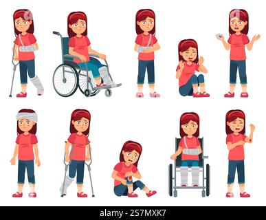 Ragazza con infortunio. Bambino con una mano lividata, sangue del naso e gamba rotta o mano in gesso. Bambini nel set di illustrazioni vettoriali per sedie a rotelle. Ragazzo con mobilità limitata, compromissione fisica, trauma. Ragazza con infortunio. Bambino con una mano lividata, sangue del naso e gamba rotta o mano in gesso. Bambini nel set di illustrazioni vettoriali per sedie a rotelle Illustrazione Vettoriale
