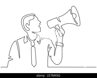 Uomo in linea continua con megafono. La silhouette maschile urla nell'altoparlante. L'uomo d'affari assume un dipendente, protesta o annuncia il concetto di vettore. Illustrazione annuncio megafono e altoparlante. Uomo in linea continua con megafono. La silhouette maschile urla nell'altoparlante. L'uomo d'affari assume un dipendente, protesta o annuncia il concetto di vettore Illustrazione Vettoriale
