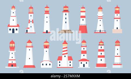 Torri faro. Design cartoon Sea beacon. Casa di navigazione costiera marina con segnale proiettore. Gruppo vettoriale fari piatti. Illustrazione faro e faro sulla costa. Torri faro. Design cartoon Sea beacon. Casa di navigazione costiera marina con segnale proiettore. Gruppo vettoriale fari piatti Illustrazione Vettoriale