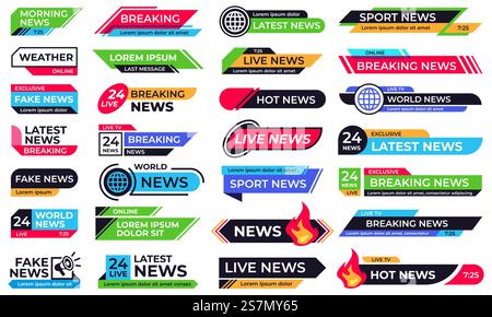 Banner notizie. Intestazione di interruzione, 24 notizie in tempo reale e set di vettori di modelli di banner per barra sportiva. Raccolta di terzi inferiori o sovrapposizioni grafiche per telegiornali, media Internet, trasmissioni online. Banner notizie. Intestazione di interruzione, 24 notizie in tempo reale e set di vettori di modelli di banner per barra sportiva Illustrazione Vettoriale