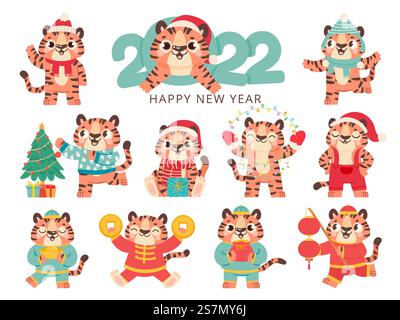 Una tigre carina 2022. Cinese felice anno nuovo simbolo tigri in costume tradizionale con oro. Buon animale di natale nel set vettoriale di cappello di babbo natale. Illustrazione tradizionale costume natalizio a righe cartoni animati tigre. Una tigre carina 2022. Cinese felice anno nuovo simbolo tigri in costume tradizionale con oro. Buon cucciolo di natale nel set vettoriale di babbo natale Illustrazione Vettoriale